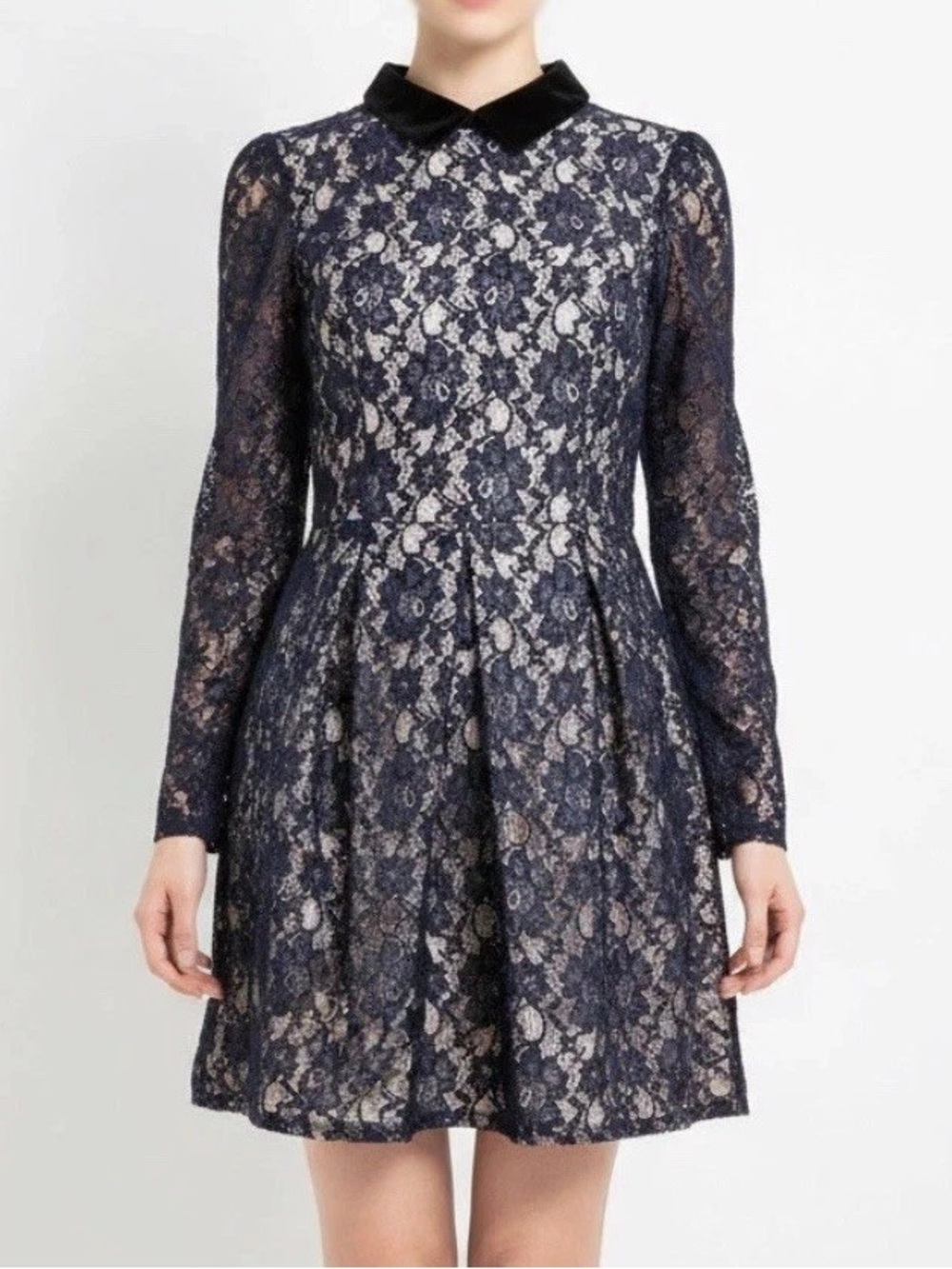 Jill Stuart Navy Lace Fit-and-Flare Dress with Velvet Collar - Sz 2